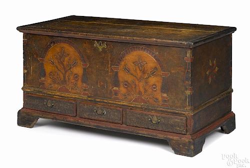 Berks County, Pennsylvania painted dower chest, dated 1789, the front adorned