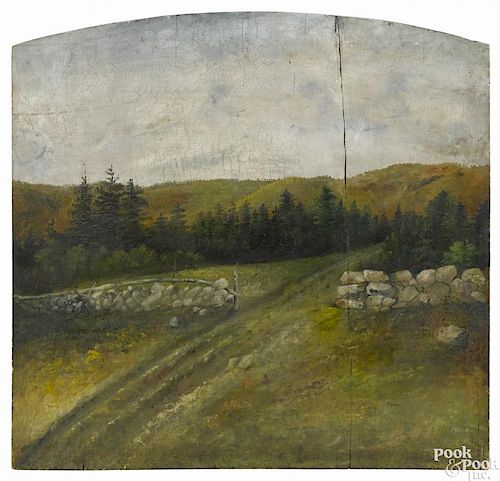 Painted pine fireboard, 19th c., with a New England landscape decoration, 33 1/4'' h., 34 1/4'' w.