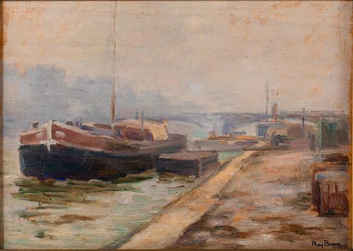 5394116: Roy Brown (NY/NH/IL/France, 1879-1956), Boats Along
 a River, Oil on Panel E7RDL