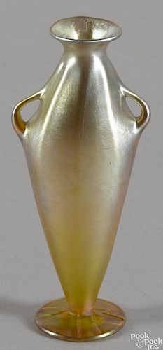 Tiffany gold iridescent Favrile glass vase with loop handles, signed on base and numbered 8177A