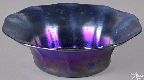 Tiffany blue iridescent Favrile glass bowl, signed on base and numbered 1404, 2 1/2'' h.