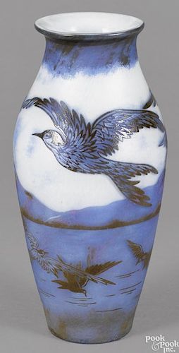 Cameo glass vase with bird decoration, 12'' h.