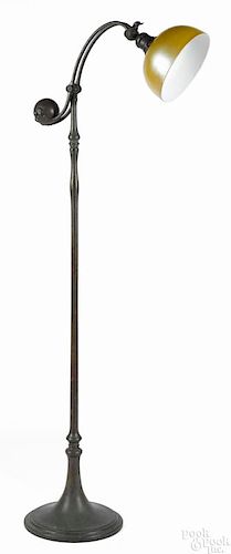 Tiffany Studios patinated bronze counter balance floor lamp with a gold iridescent shade
