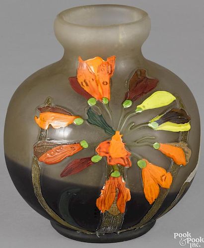 Galle art glass vase with floral decoration, signed, 8'' h.