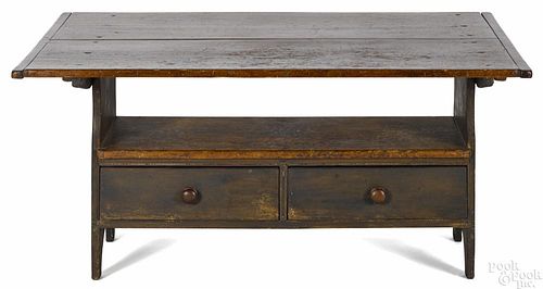 Pine bench table, 19th c., the base with an old blue/gray wash, 28 3/4'' h., 60'' w., 43'' d.