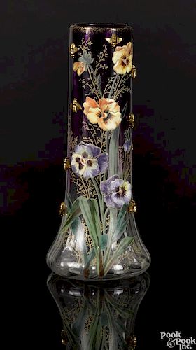 Moser amethyst glass vase with enameled pansies and applied bees, signed near base, 11 3/8'' h.