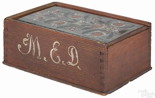 Scandinavian painted pine slide lid box, dated 1818, initialed M.E.D.