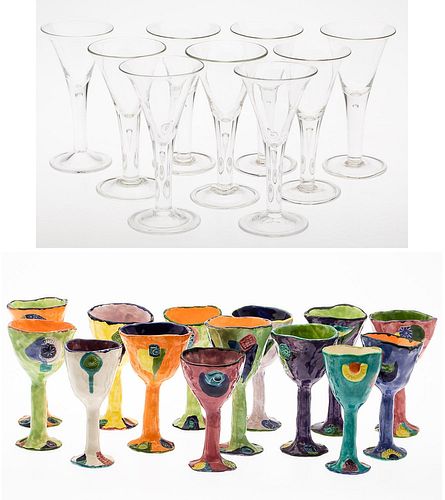 5394161: Nine Hand Blown Glass Wine Glasses and Fourteen Ceramic Wine Glasses E7RDF
