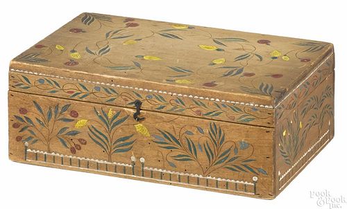 New England carved and painted dresser box, 19th c., having all over incised carved floral