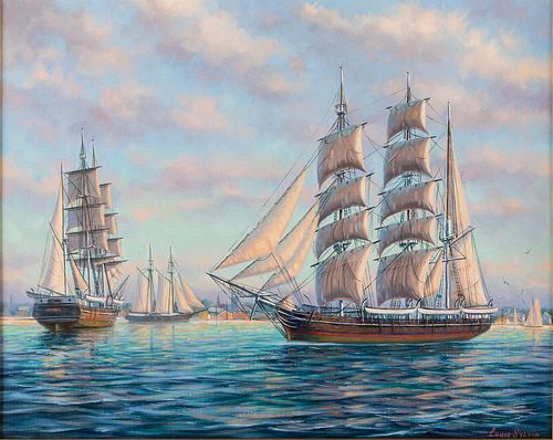 5394174: Louis Sylvia (MA, b. 1911), Ships in Harbor, Oil on Canvas E7RDL
