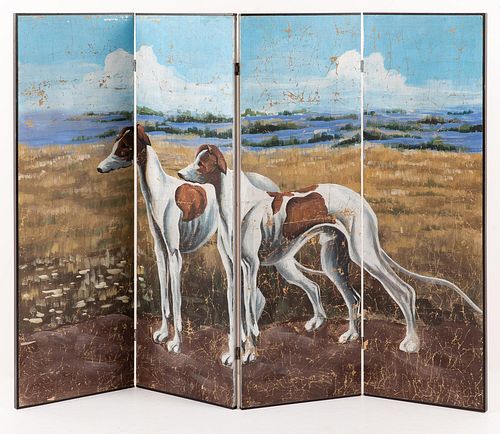 5394193: Four Panel Screen Painted with Dogs and Marsh, Modern E7RDJ