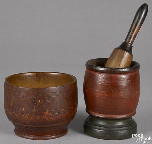 Painted mortar and pestle, 19th c., retaining the original red and green surface