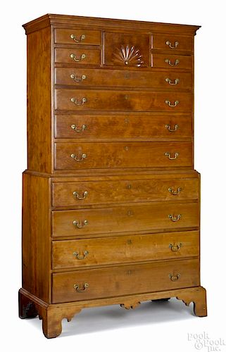 New England Chippendale cherry chest on chest, ca. 1775, with a fan carved bonnet drawer