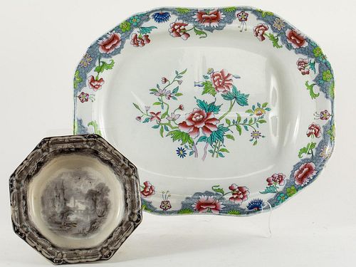 5394216: English Ironstone Transfer Decorated Meat Platter
 and Octagonal Bowl, 19th Century E7RDF