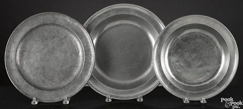 Two Hartford, Connecticut pewter deep dishes and a charger, ca. 1805