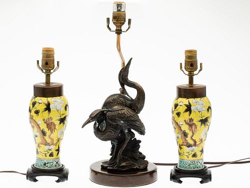 5394220: Pair of Chinese Yellow Vases, Now Mounted as Lamps and a Bird Lamp E7RDC
