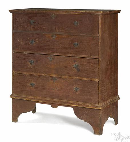 New England Queen Anne painted pine mule chest, ca. 1760, retaining an old red surface, 48'' h.