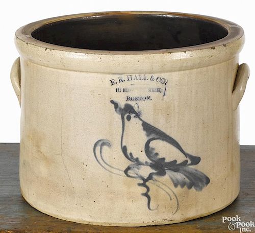 Massachusetts four-gallon stoneware crock, 19th c., impressed E. E. Hall & Co., 171 Black Street