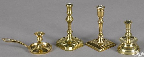 Three English brass tapersticks, 18th/19th c., together with a miniature chamberstick