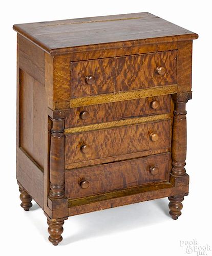 Pennsylvania miniature Sheraton curly maple chest of drawers, ca. 1835, 24 1/4'' h., 18'' w.