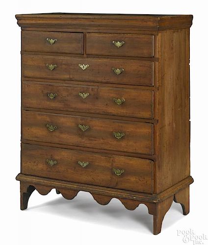 Queen Anne poplar semi-tall chest, ca. 1750, retaining traces of a salmon surface, 48'' h.