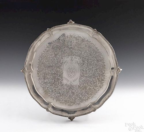 Stieff sterling silver salver with elaborate chased floral decoration, 14 1/4'' dia., 49.7 ozt.