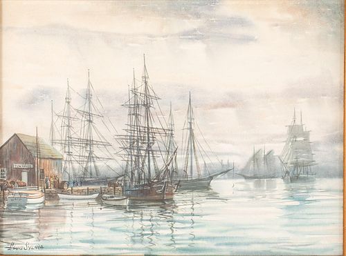 5394258: Louis Sylvia (MA, b. 1911), Ships in Harbor, Watercolor on Paper E7RDL