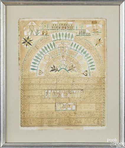 Rare Delaware ink, watercolor, and cutwork marriage certificate for Timothy and Ann Denney, m. 1836