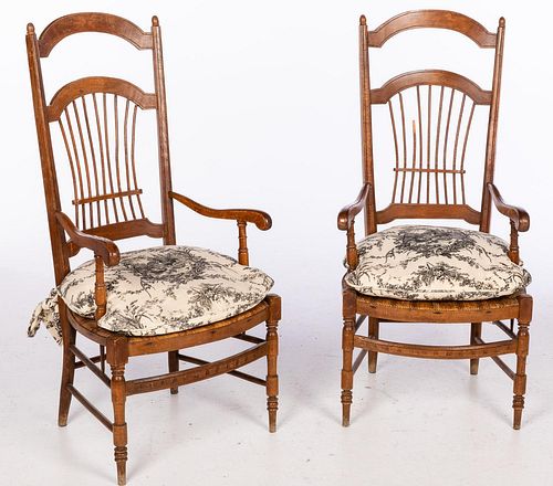 5394283: Pair of French Provincial Stained Beechwood Rush
 Seat Open Armchairs, 19th Century E7RDJ