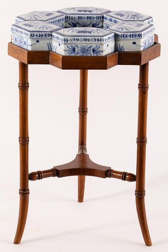 5394287: Maitland-Smith Ltd. Hexagonal Side Table with 6
 Blue and White Porcelain Boxes, Modern E7RDF