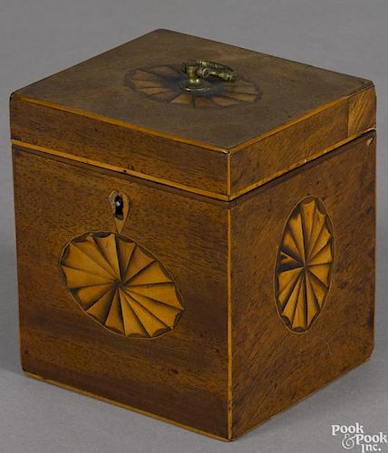 Hepplewhite mahogany tea caddy, ca. 1800, with paterae inlay, 5'' h., 4 1/2'' w.
