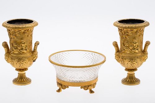 3984738: Pair of Gilt-Metal Urns and Gilt-Metal and Glass Bowl, 19th Century E6RDJ