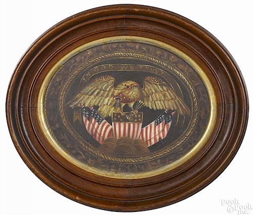 Patriotic oil on board, late 19th c., of a spread winged eagle clutching an American shield