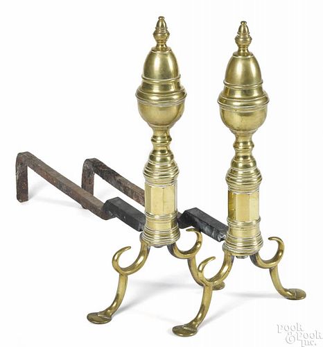 Pair of Federal brass penny foot andirons, ca. 1810, 20'' h.