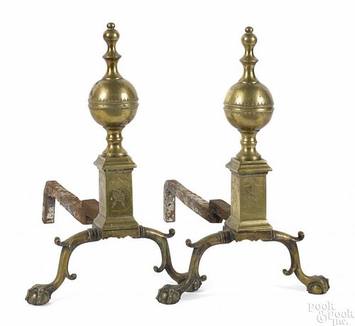 Pair of Chippendale engraved brass andirons, ca. 1770, the plinths decorated on three sides