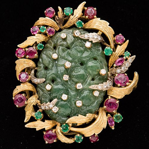 3984756: Chinese Dark Green Jade Brooch with Gold, Diamonds
 and Garnets, 20th Century E6RDK