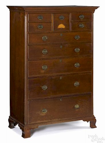 Pennsylvania Chippendale walnut tall chest, ca. 1770, with a fan inlaid bonnet drawer, 71'' h.