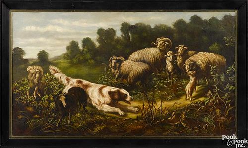 American school, 19th c., oil on canvas hunting scene of a hound chasing a hare through a flock
