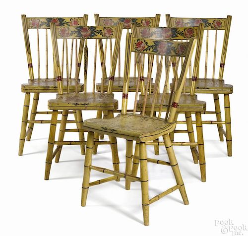 Set of six Pennsylvania painted plank seat chairs, mid 19th c.