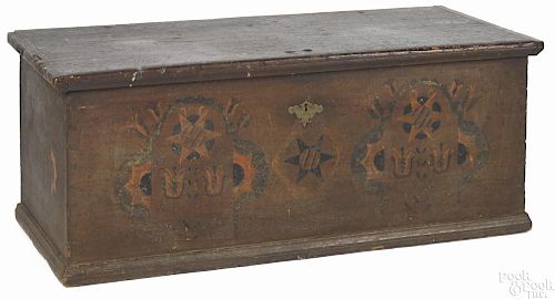 Pennsylvania painted pine dower chest, late 18th c., retaining its original clover panels