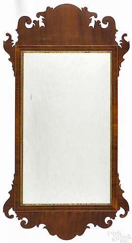 Chippendale mahogany looking glass, ca. 1800, with line inlaid surround, 43'' h.