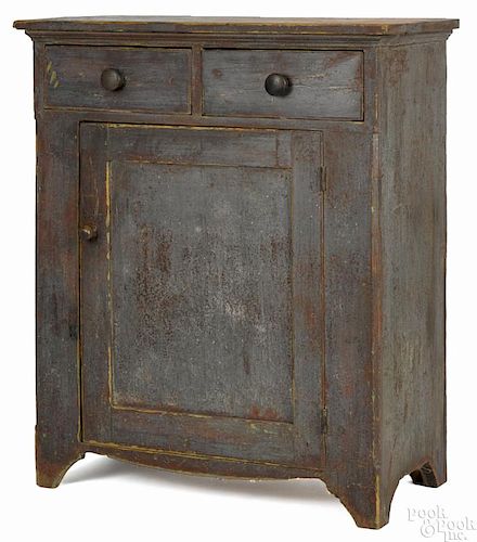 Painted pine cupboard, 19th c., retaining an old scrubbed blue surface, 44'' h., 34 1/4'' w.
