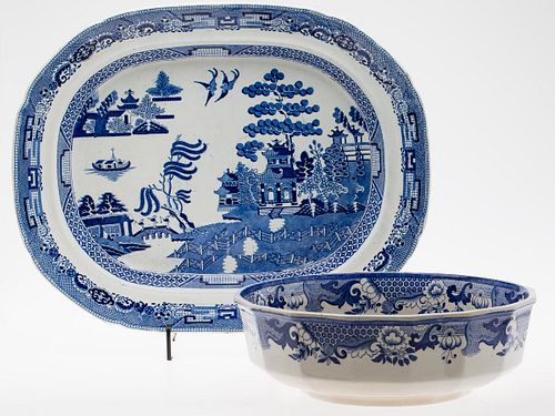 3984835: English Blue and White Ironstone Bowl and Platter, 19th Century E6RDF
