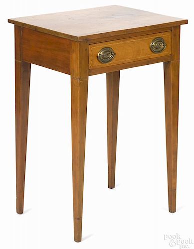 Hepplewhite cherry one-drawer stand, 19th c., with barberpole inlay, 28'' h., 19 1/4'' w.