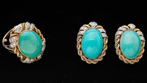 3984859: 14 K Gold, Diamond and Turquoise Ring and Earrings, 20th Century E6RDK