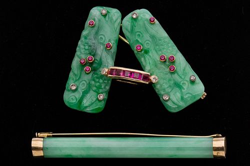 3984883: Chinese Gold and Jadeite Bar Pin and Twin Jadeite
 Rectangular Brooch, 20th Century E6RDK