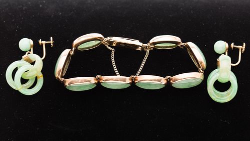 3984927: Chinese Jadeite 8 Cabochon and Gold Bracelet and
 Pair of 14 K Jadeite Loop Earrings, 20th C E6RDK