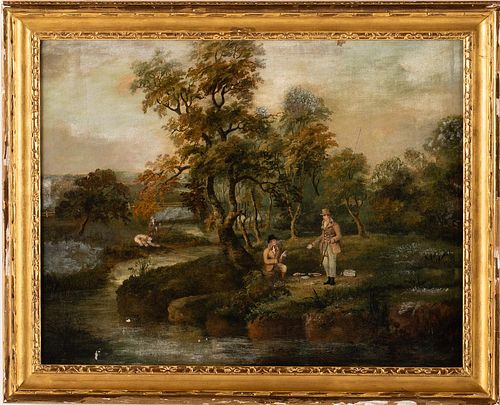 5394306: British School, Landscape with Figures Fishing,
 Oil on Canvas, 19th Century E7RDL