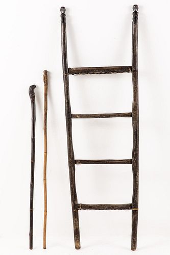 5394325: Carved Wood Ladder, Philippines and Two Indonesian Walking Sticks E7RDA