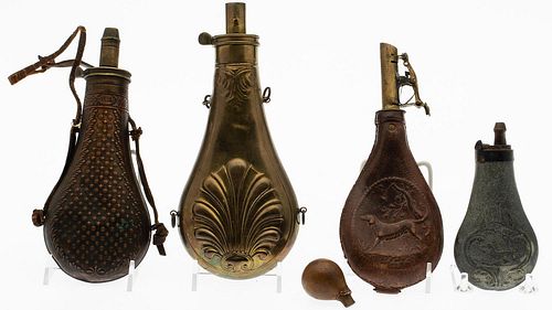 5394338: Four Leather and Metal Powder Flasks and a Small Gourd Container E7RDS